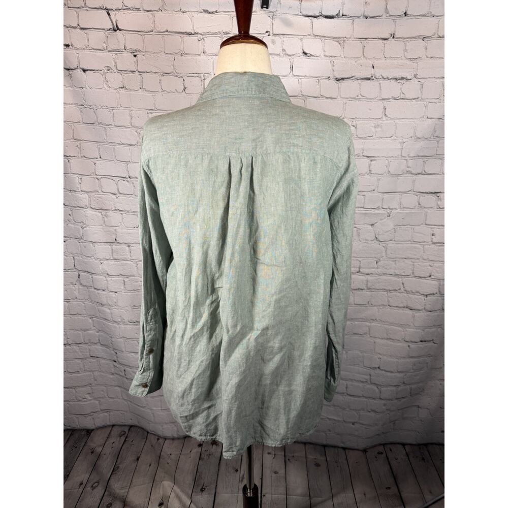 Land’s End Size Large Green Linen Long Sleeve Button Down Shirt Roll Tab - Picture 6 of 7